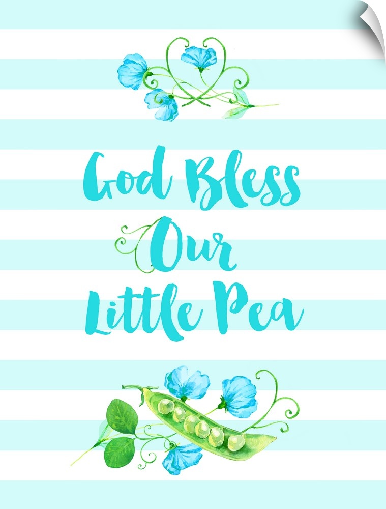 "God Bless Our Little Pea" in blue, white, and green