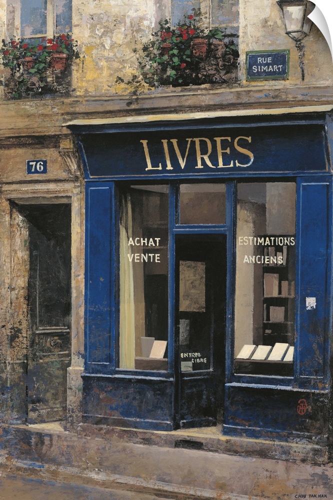 Contemporary painting of a Bookstore storefront downtown in a city.