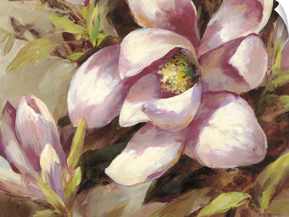 Contemporary painting of a pink magnolia flower.