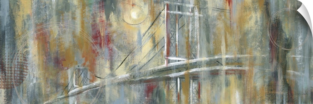 Contemporary painting of a bridge in Manahattan, New York City, under a pale moon.