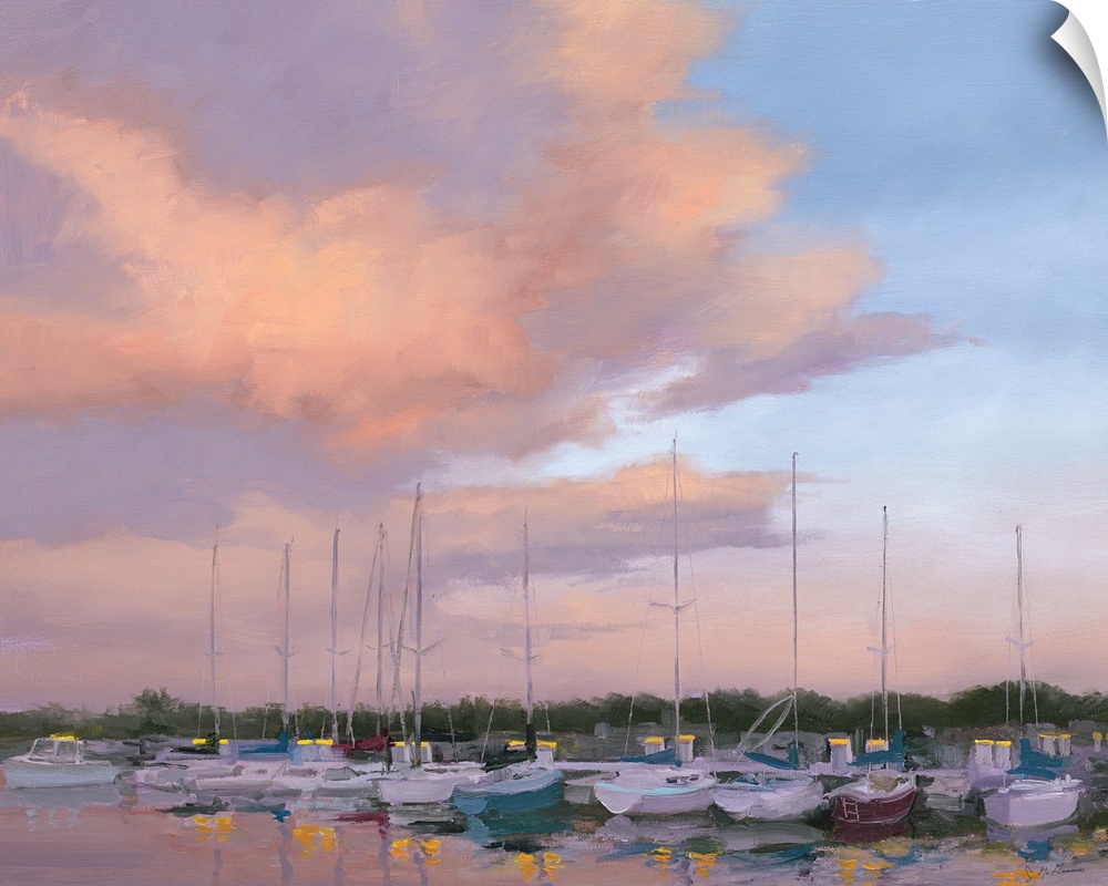 Contemporary painting of boats in a harbor in low light at sunset.