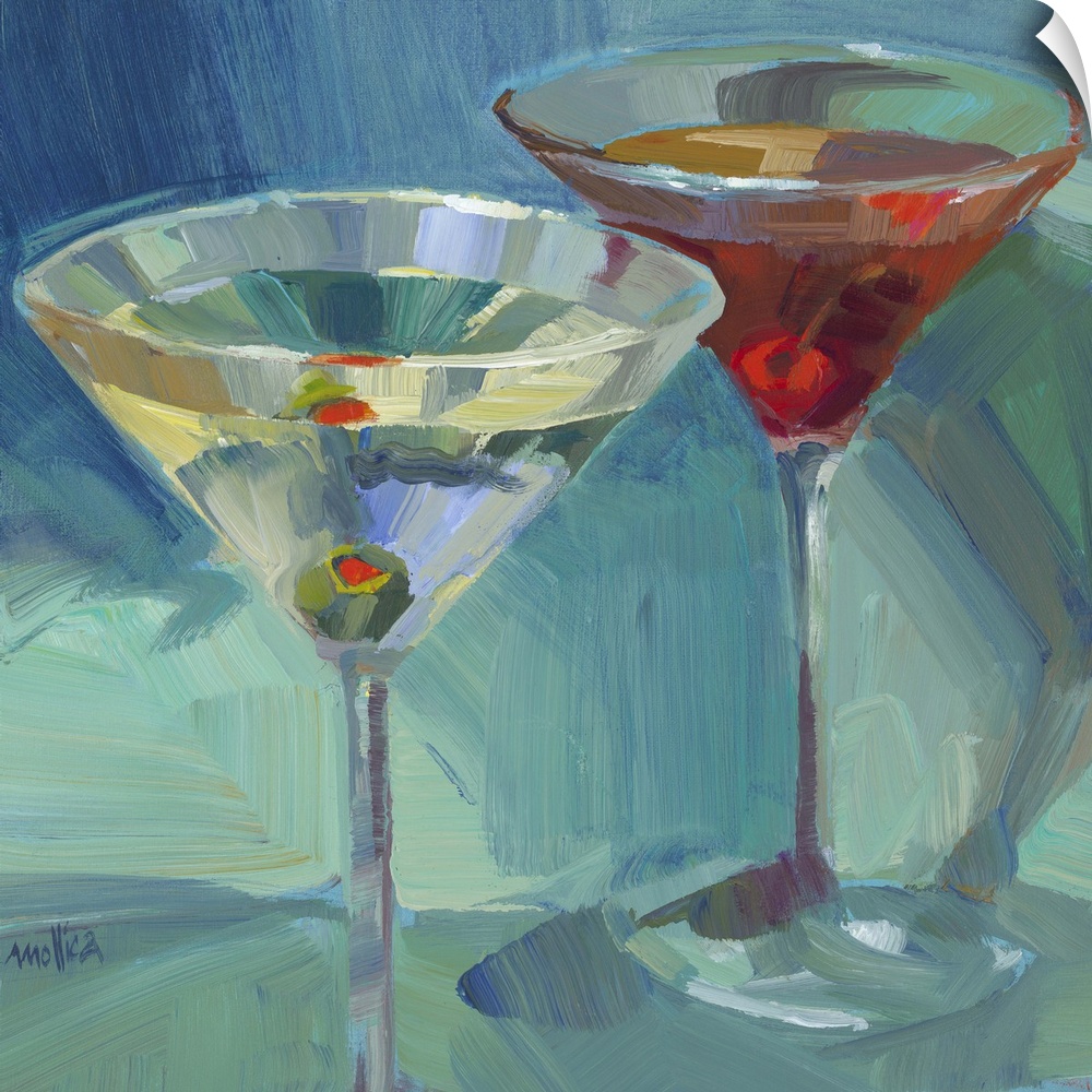 Contemporary painting of colorful cocktails against a dark blue background.