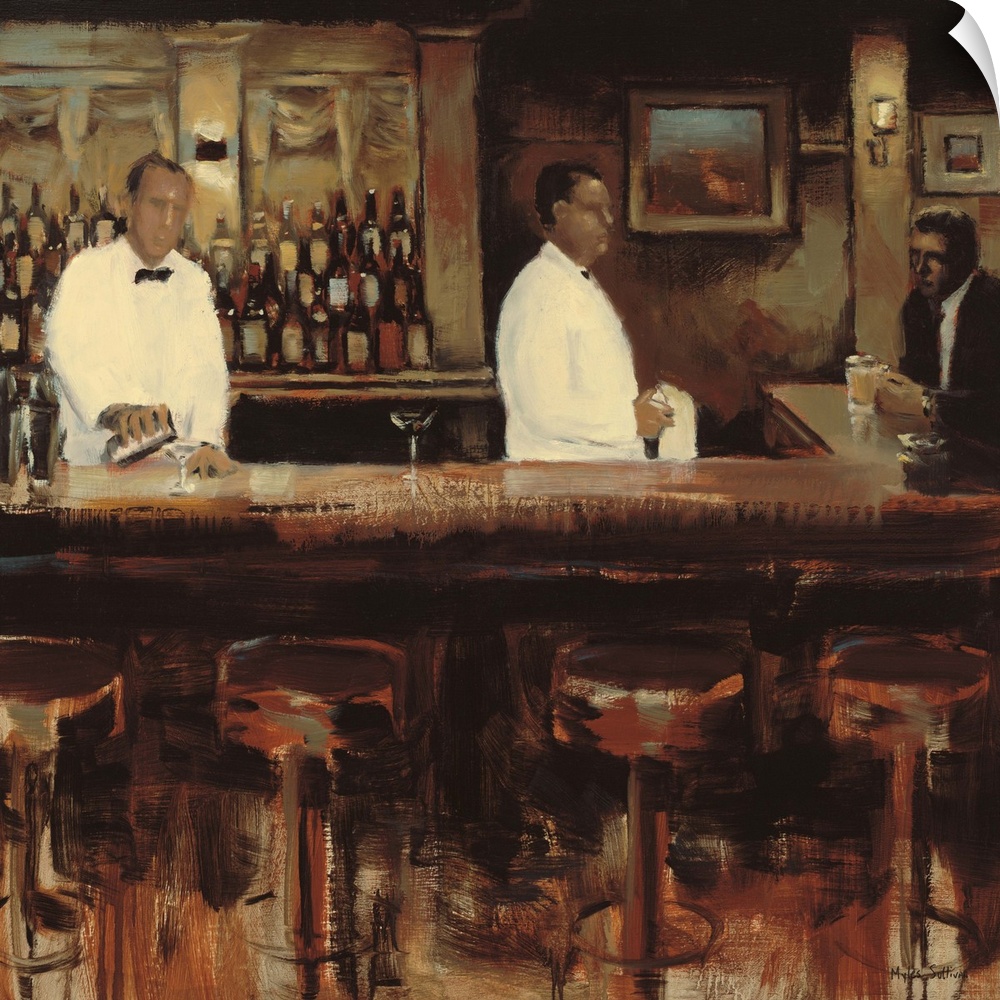 Contemporary painting of two bartenders serving martinis to a bar patron.