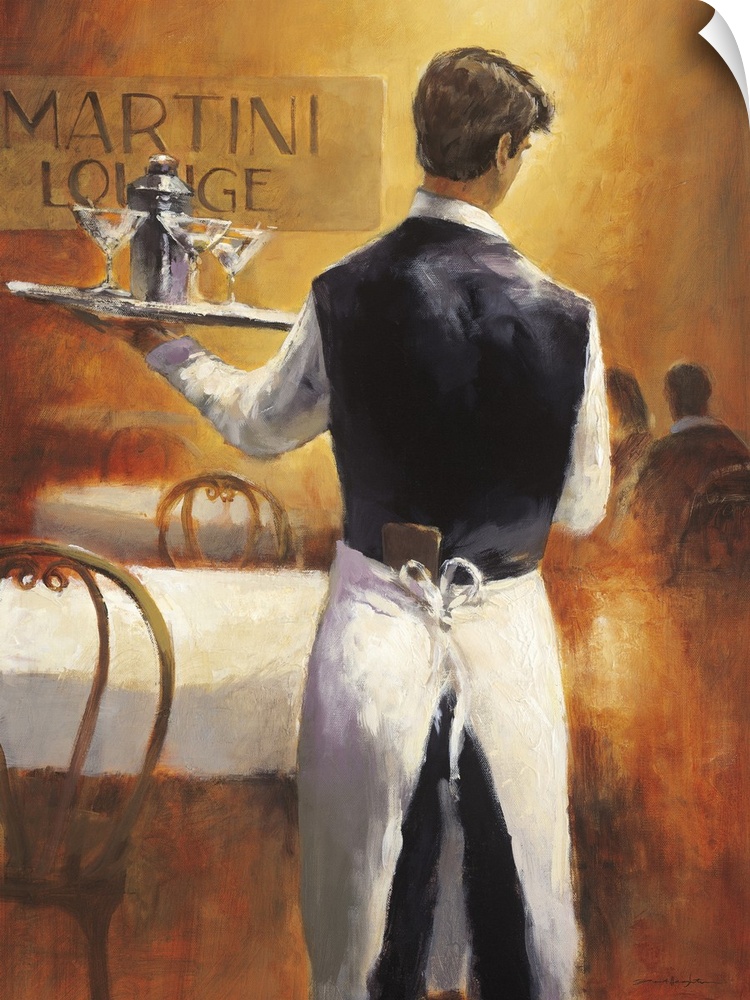 Contemporary painting of a waiter holding a serving tray of cocktails.