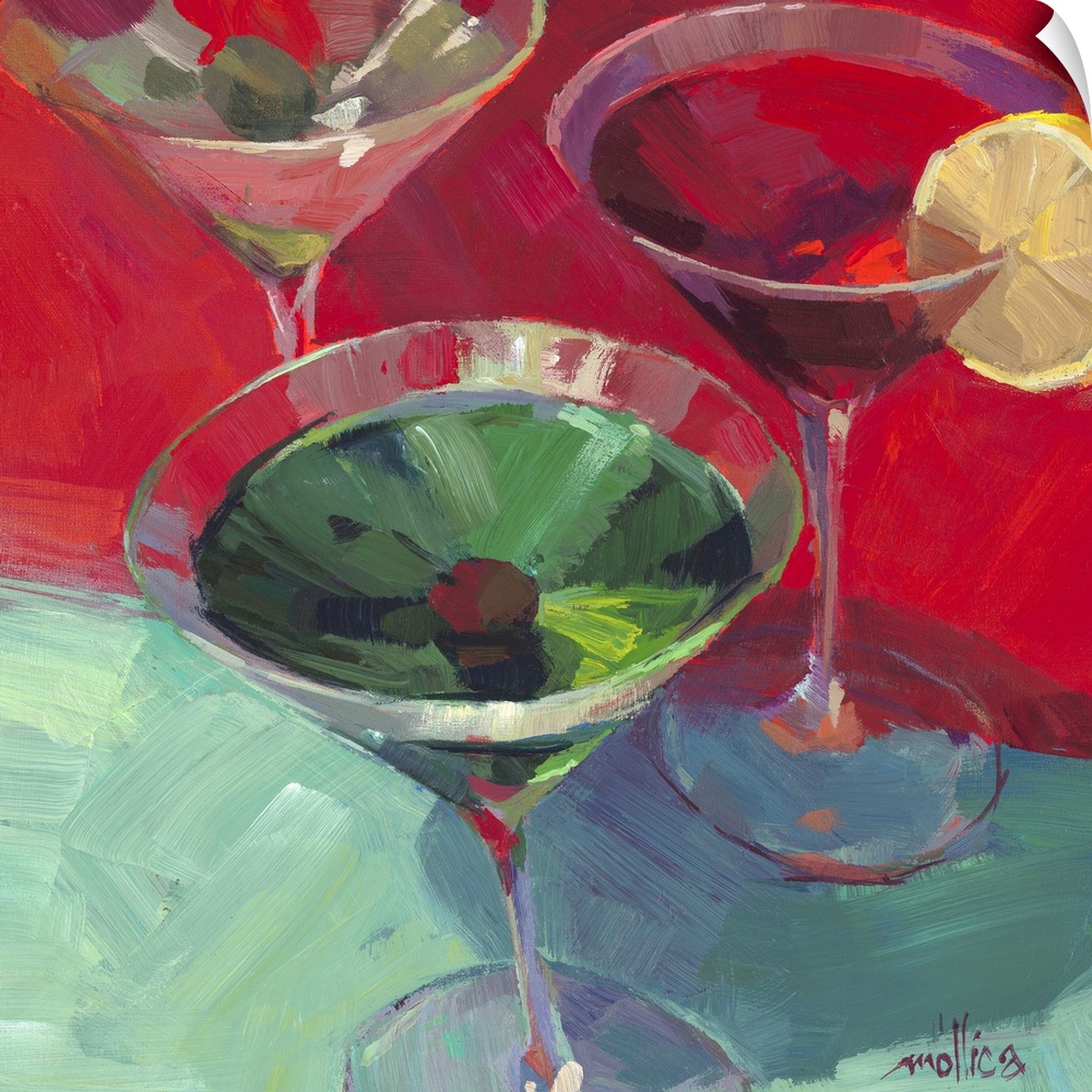 Contemporary painting of colorful cocktails against a dark red and green background.
