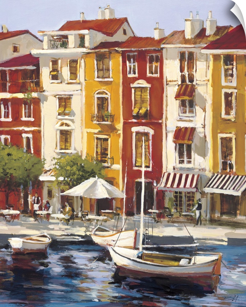 Contemporary painting of city waterfront filled with boats.