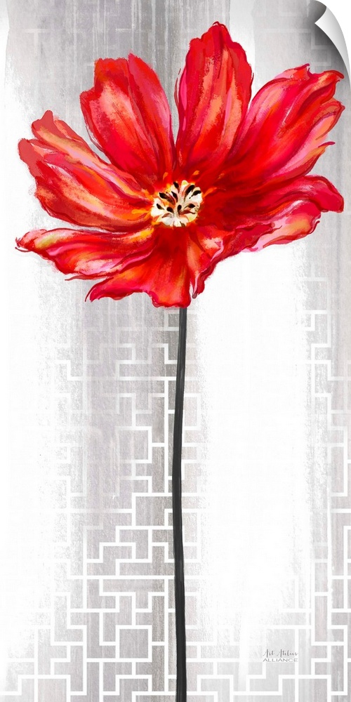 Contemporary home decor art of a red flower against a silver patterned background.