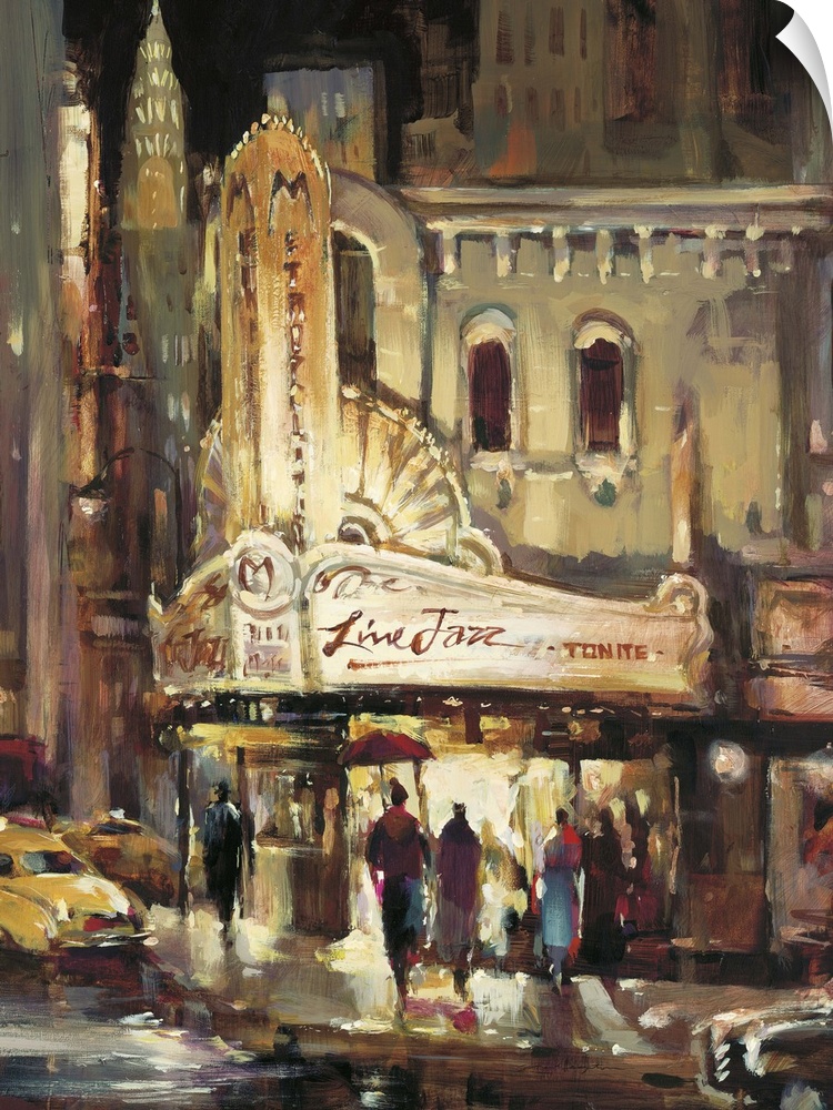 Contemporary painting of people gathering outside of a theater for a show.