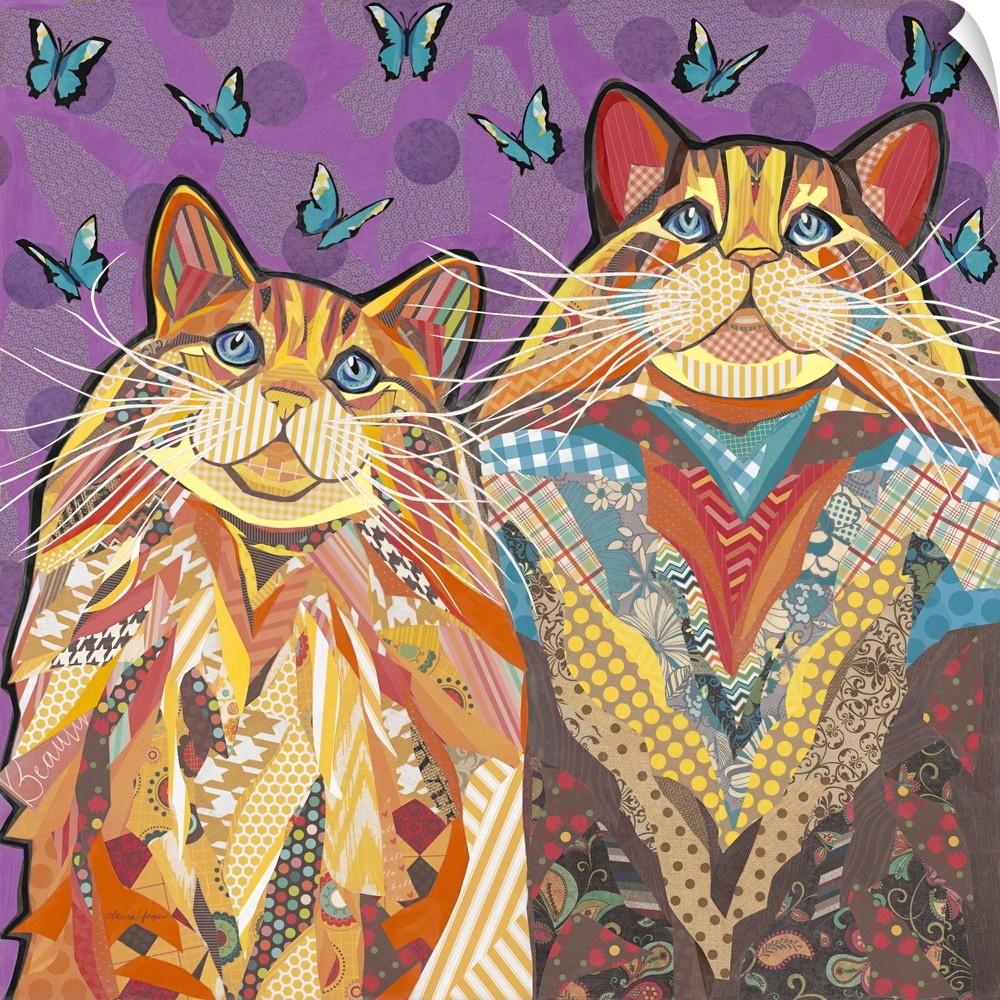 Colorful collage artwork of two cats with long whiskers.