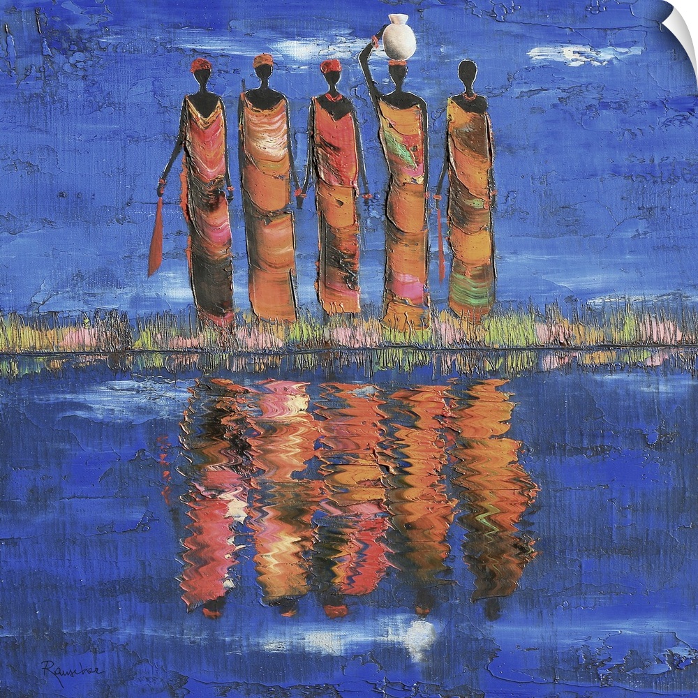 Contemporary African art of three female figures casting reflections in a river.