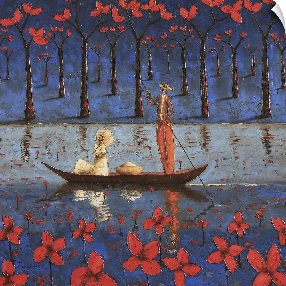 Contemporary African art of woman sting in a boat while a man paddles, with vibrant red flowers in the foreground and thin...