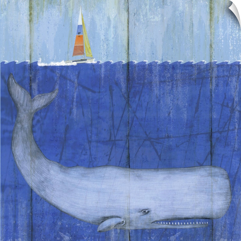 Contemporary nautical painting of a cross section of an ocean scene with a giant whale below the surface of the water.