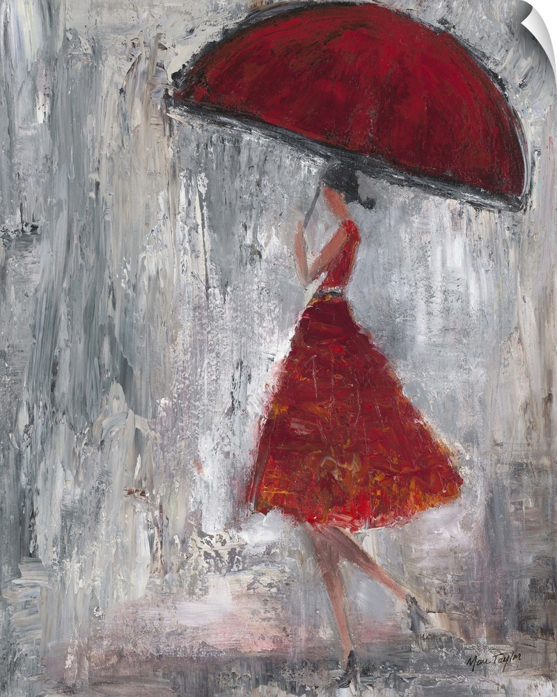 Contemporary painting of a woman in a red dress walking in the rain with a red umbrella.