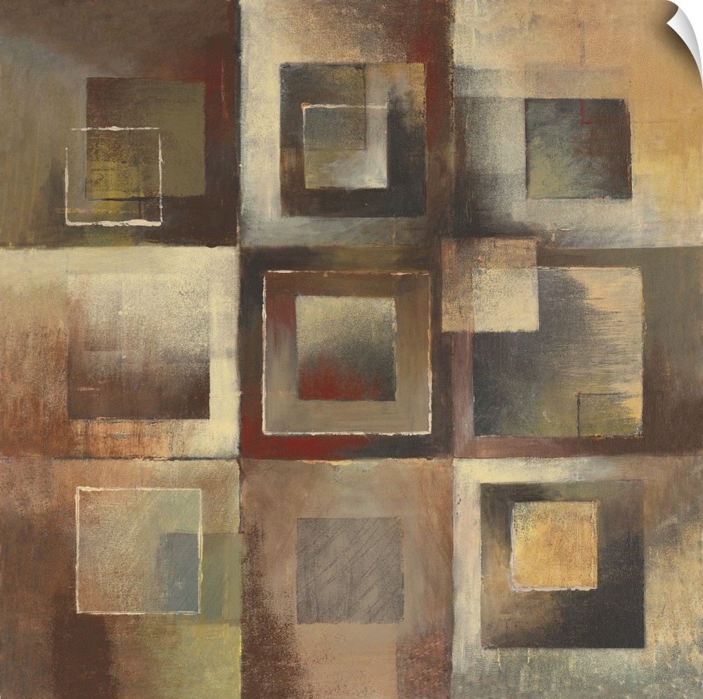 Abstract painting using geometric and organic shapes in earth tones.