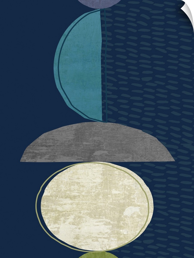 Midcentury style abstract art of semi-circle shapes in blue, grey, and white on navy blue.
