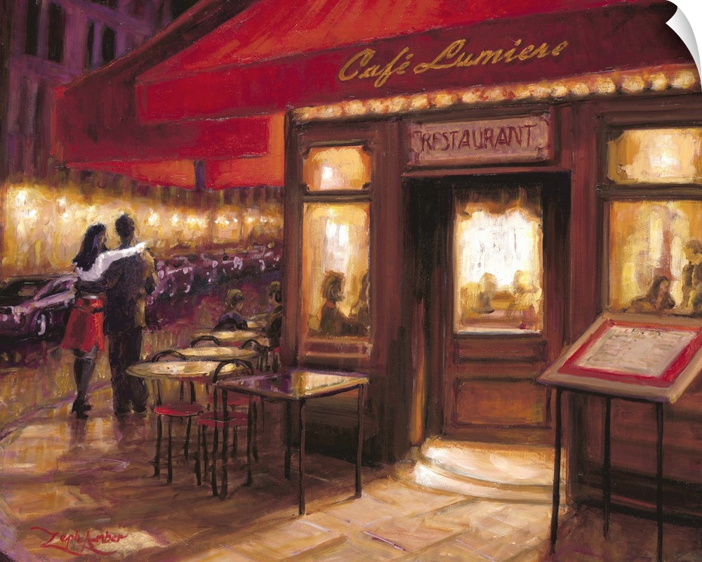 Contemporary painting of a couple in a loving embrace walking by a cafe at night.