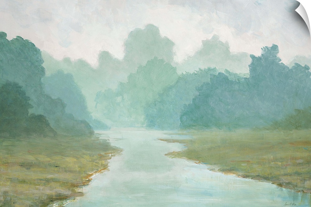 Contemporary painting of a river in a field lined with trees on a misty morning.