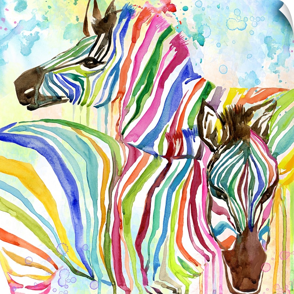 Two zebras with rainbow stripes.