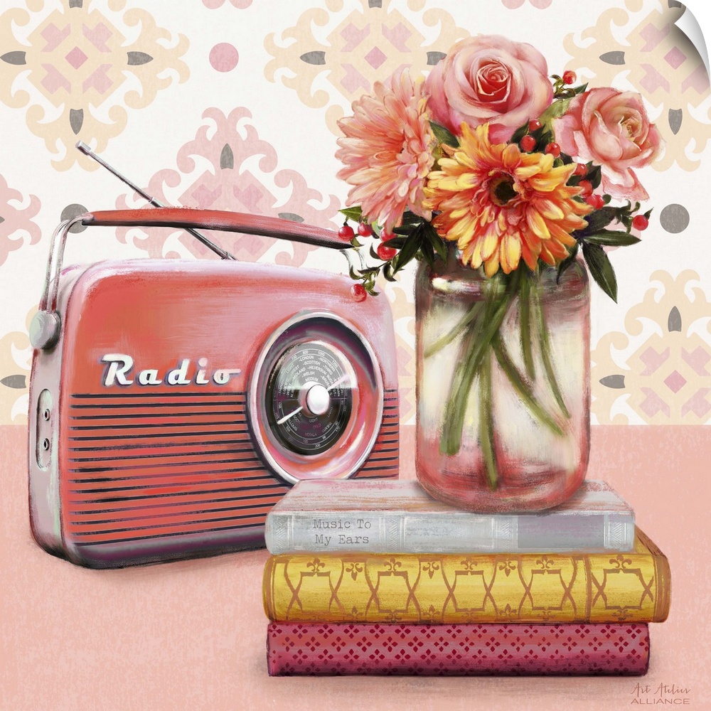 Contemporary vibrant home decor artwork with a red radio and a bouquet of colorful flowers in a mason jar.