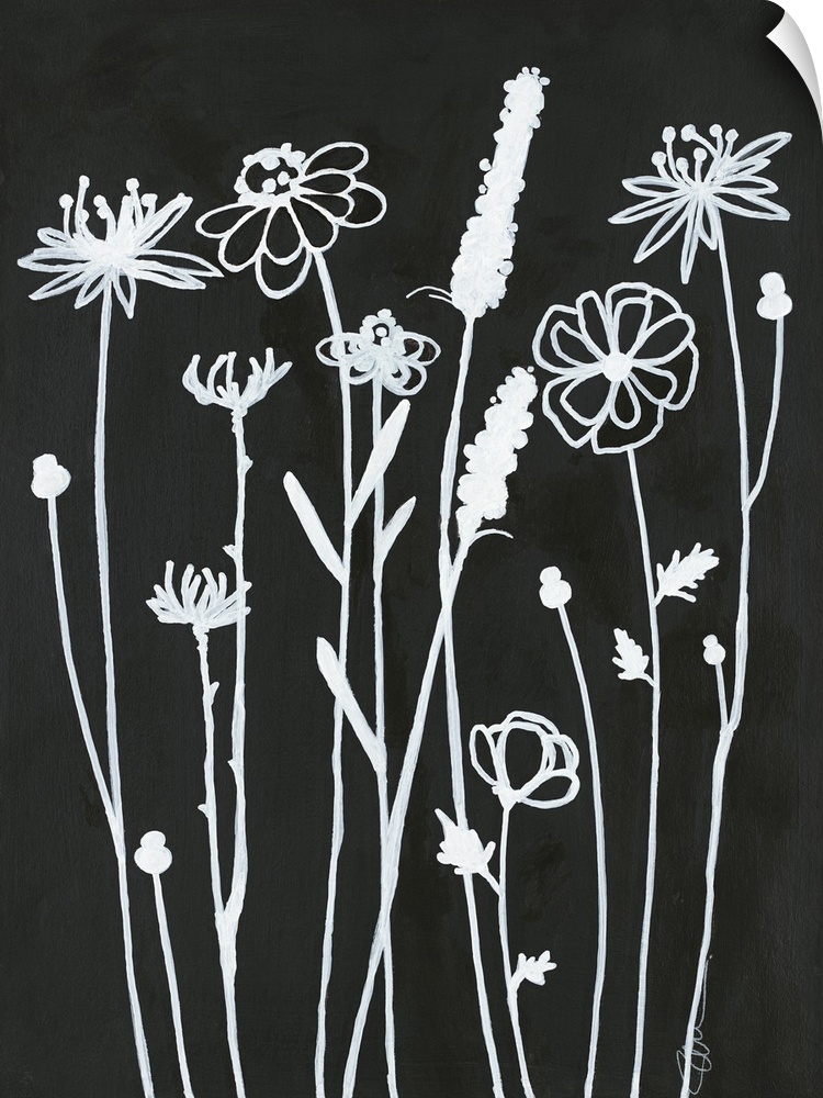 Simple black and white illustration of long-stemmed flowers.