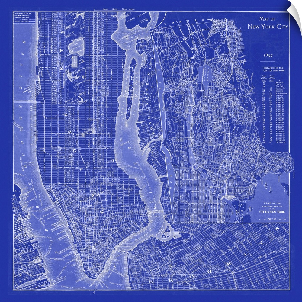 Vintage blueprint style map of New York City.