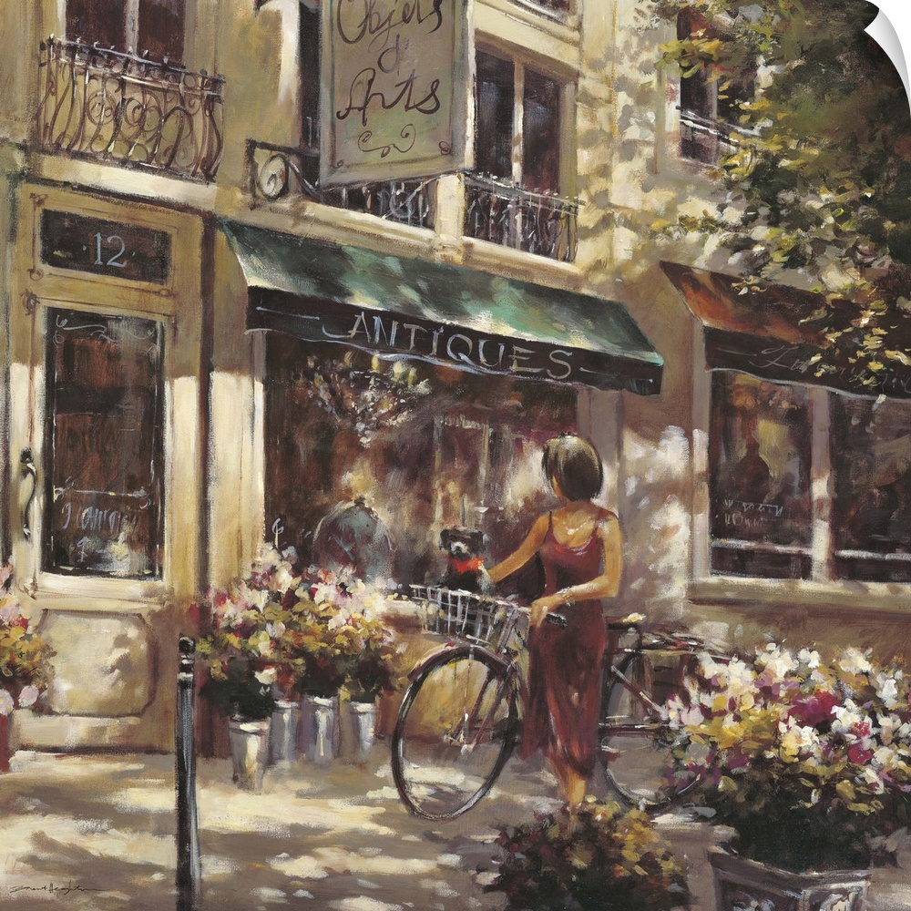 Contemporary painting of a woman walking a bicycle, outside of a flower shop.