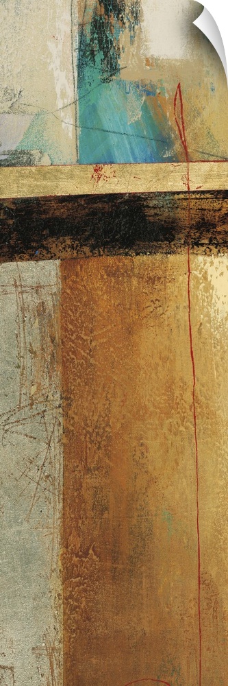 Contemporary abstract artwork using rich earthy tones and textures, mixed with hints of aqua blue.
