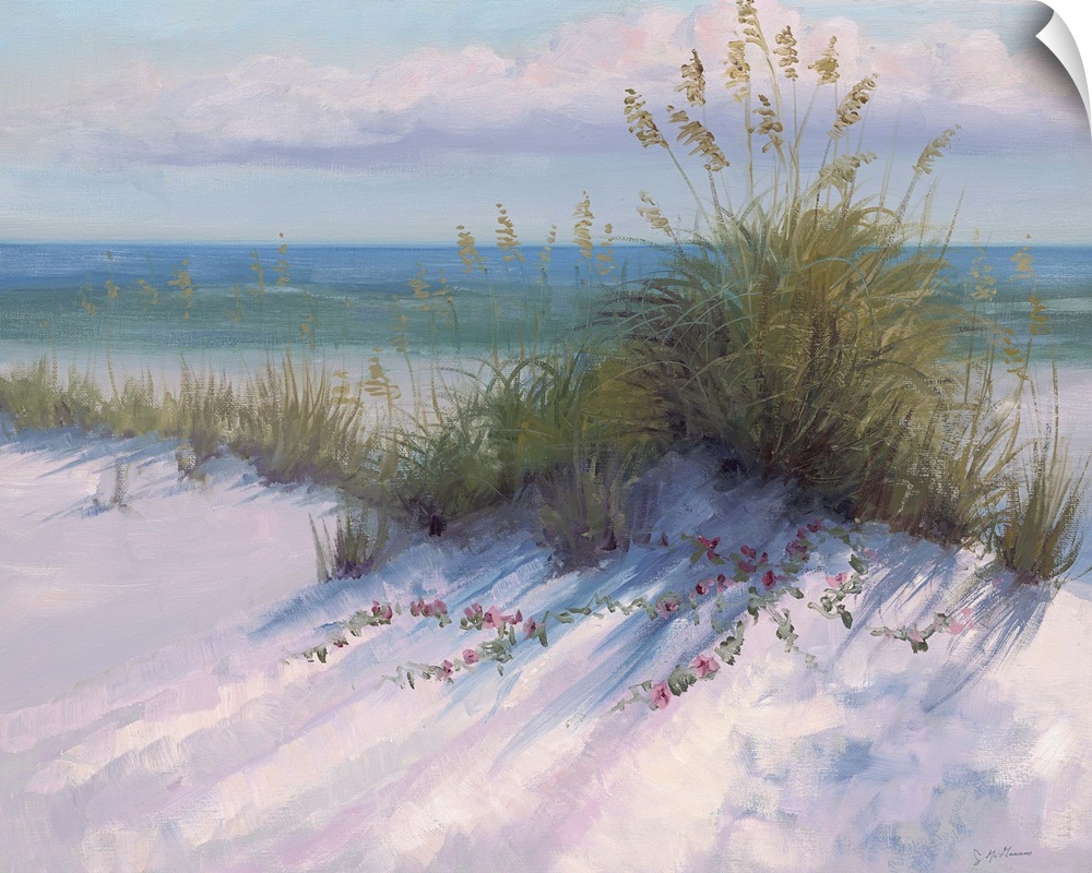 Contemporary painting of beach grasses on a dune near the ocean.