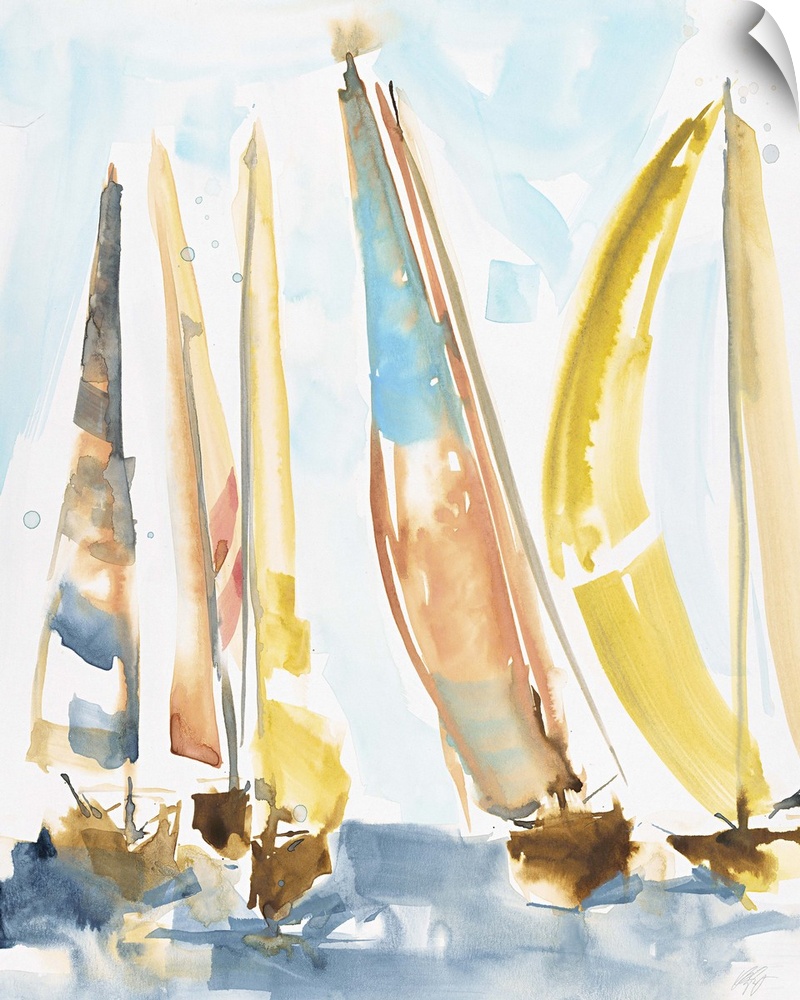 Watercolor painting of a regatta of sailboats on the water.