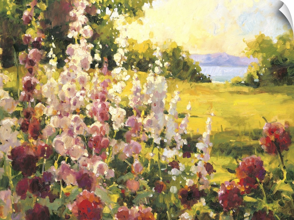 Contemporary painting of a field of wildflowers looking out to an ocean view.