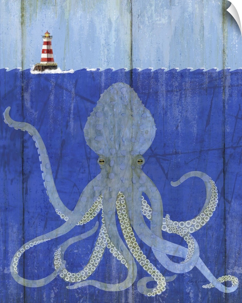 Contemporary nautical painting of a cross section of an ocean scene with a giant octopus below the surface of the water.