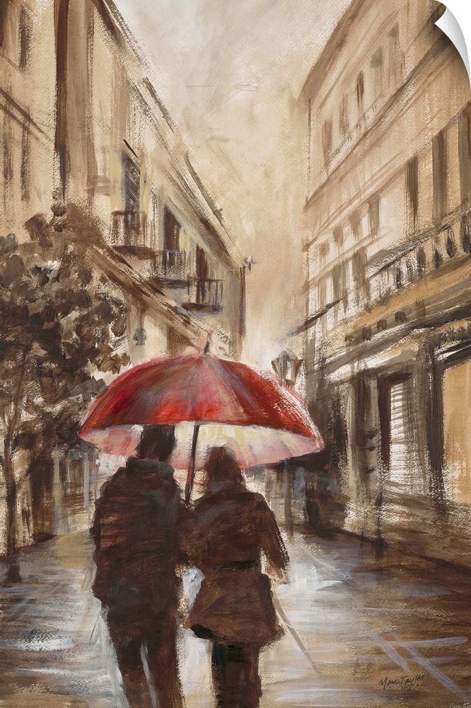 Contemporary painting of a walking side by side under a red umbrella.