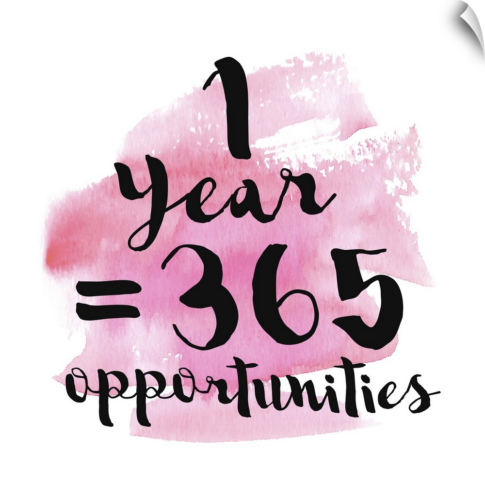 Handlettered black text reading "1 Year = 365 Opportunities" over a pink watercolor wash.