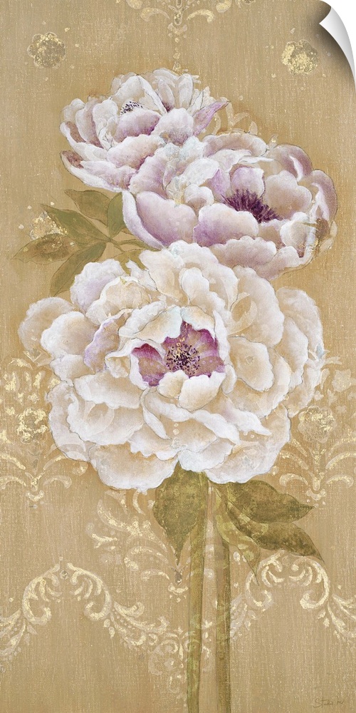 Vintage illustration of white flowers with gold embellishments.