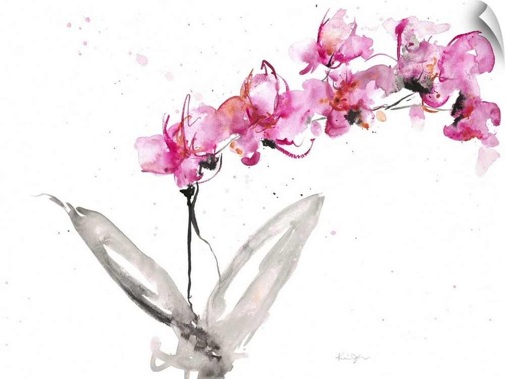 Contemporary artwork of watercolor painted pink orchids.