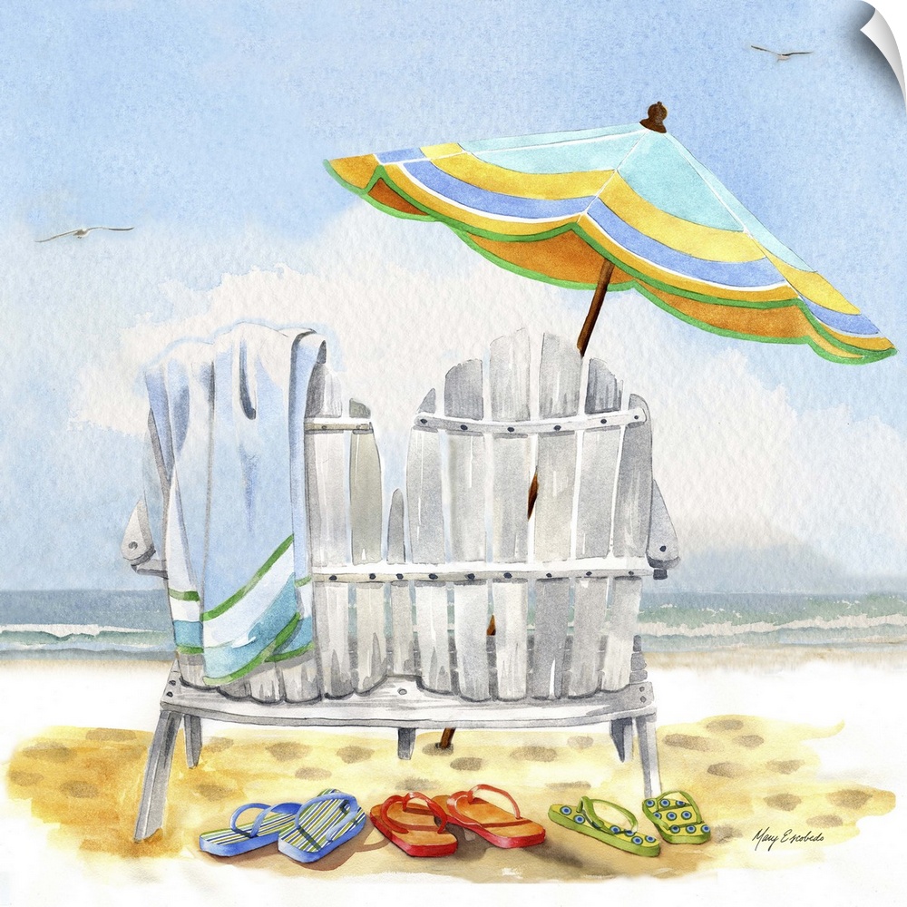 Contemporary home decor artwork of a white beach chair with an umbrella on the beach.