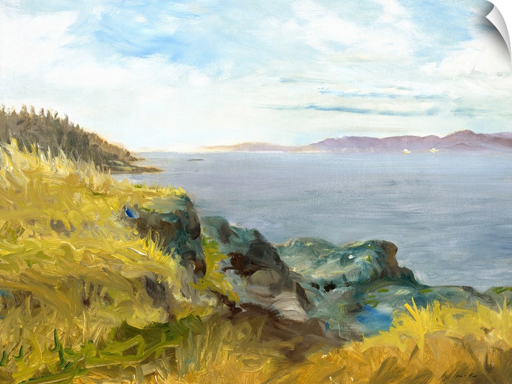 Contemporary artwork of a rocky cliff overlooking the ocean.