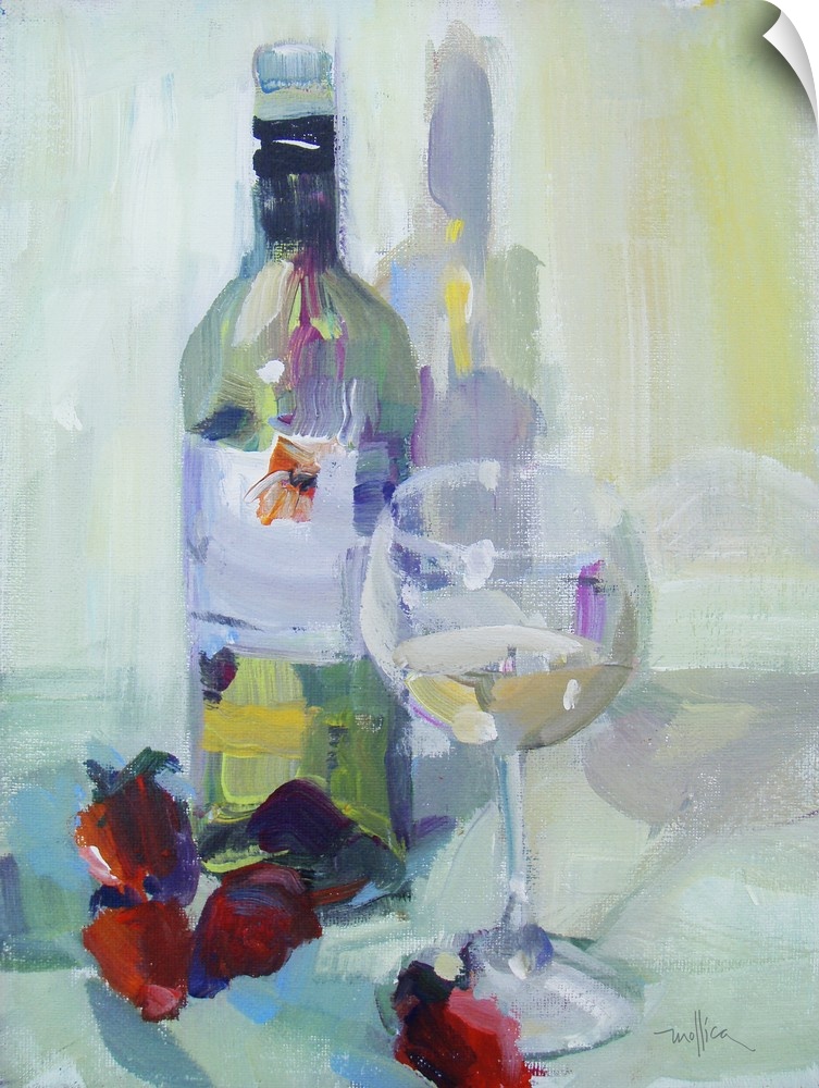 Contemporary painting of a glass filled with white wine, next to a bottle of white wine.