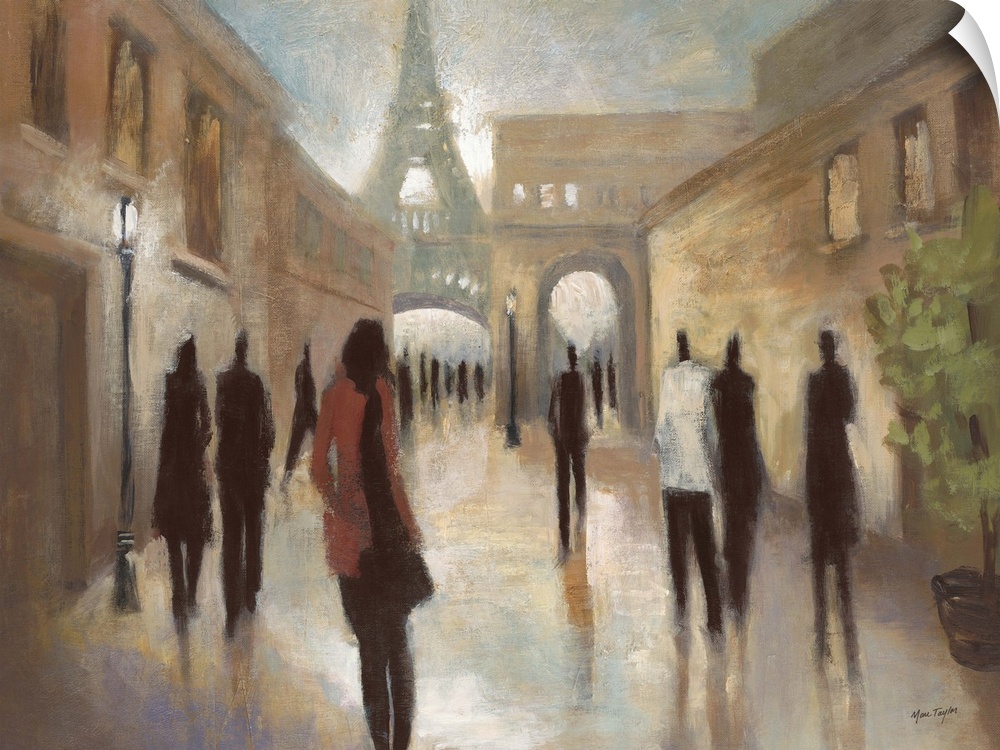 Contemporary painting of elongated figures walking along a Parisian street, with the Eiffel Tower in the background.