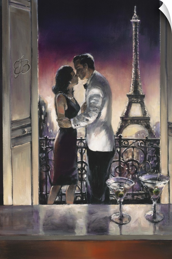 Contemporary painting of a man and woman sharing a kiss on a balcony with the Eiffel tower int he background.