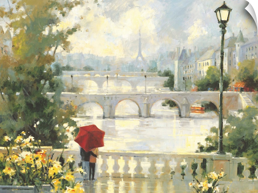 Contemporary painting of an embracing couple standing under a red umbrella looking at the city.