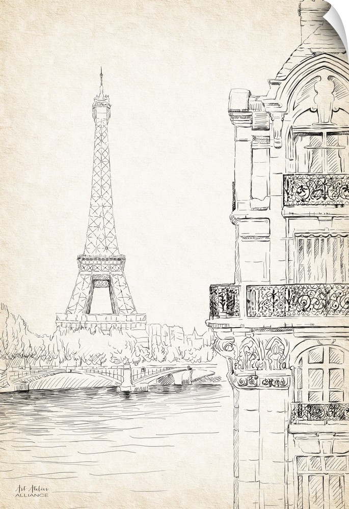 Contemporary illustrative home decor artwork of the Eiffel Tower in Paris from the other side of the river.