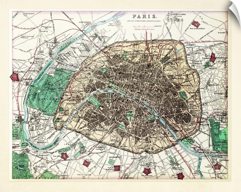 Vintage map of Paris, France and its surrounding fortifications.