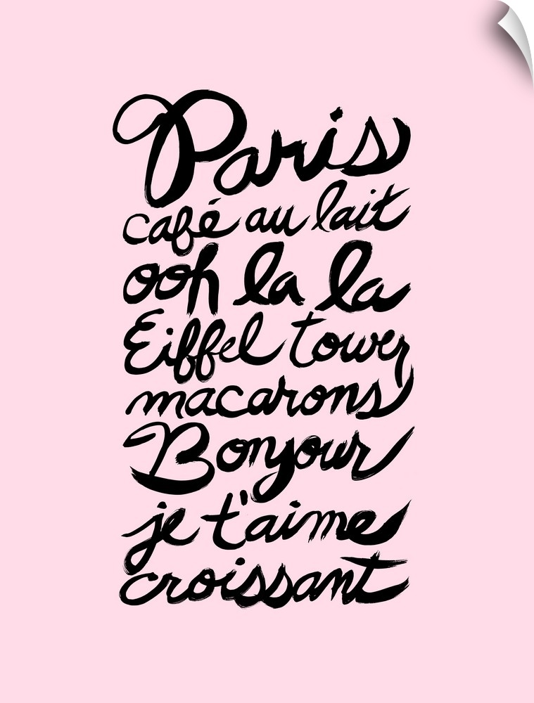 Paris themed French words hand lettered in black on a pastel pink background.