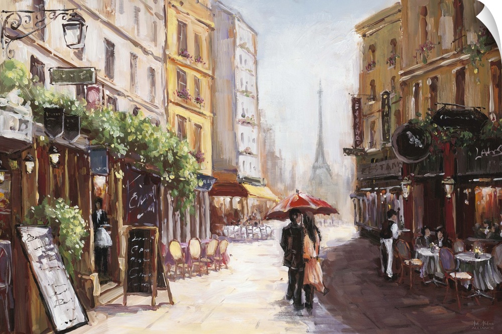 Contemporary artwork of a couple in a loving embrace walking by a cafe in Paris.