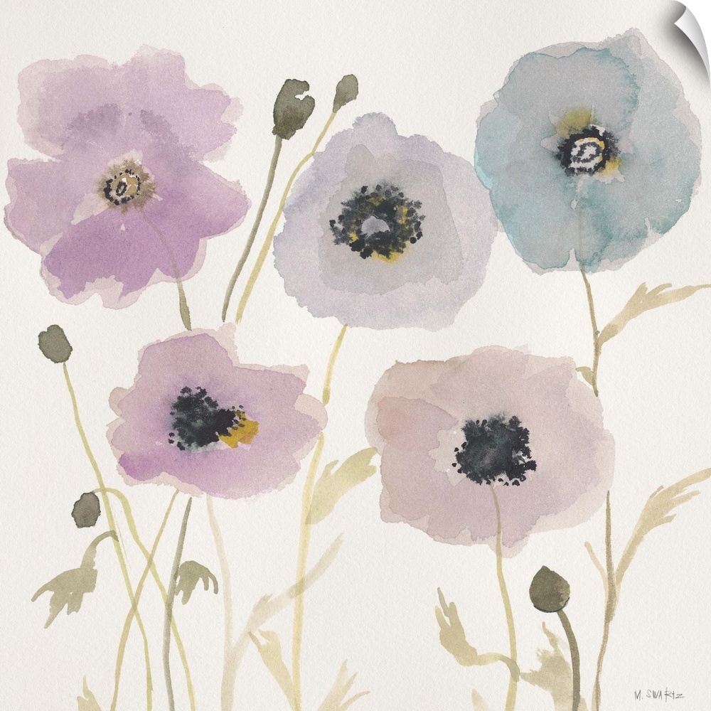 Contemporary painting of a soft pastel colored flowers against a cream background.