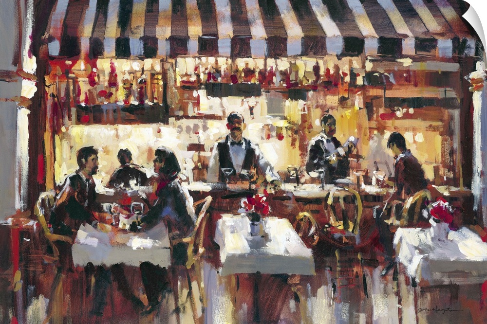 Contemporary painting of people eating at outdoor bistro.