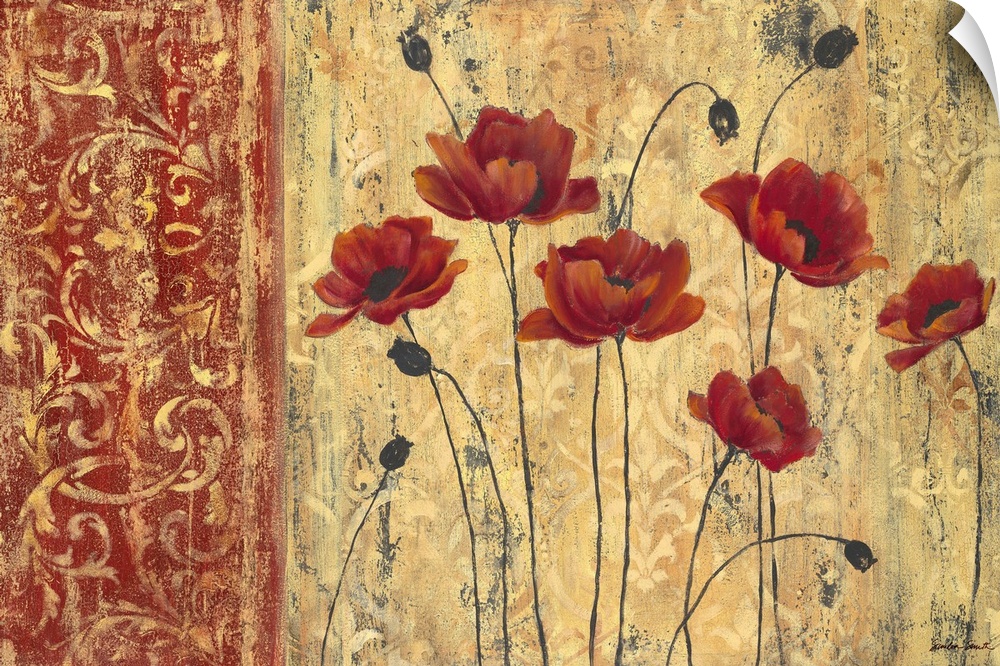 Small group of painted anemone flowers on an earthy background with a red pattern on the side.