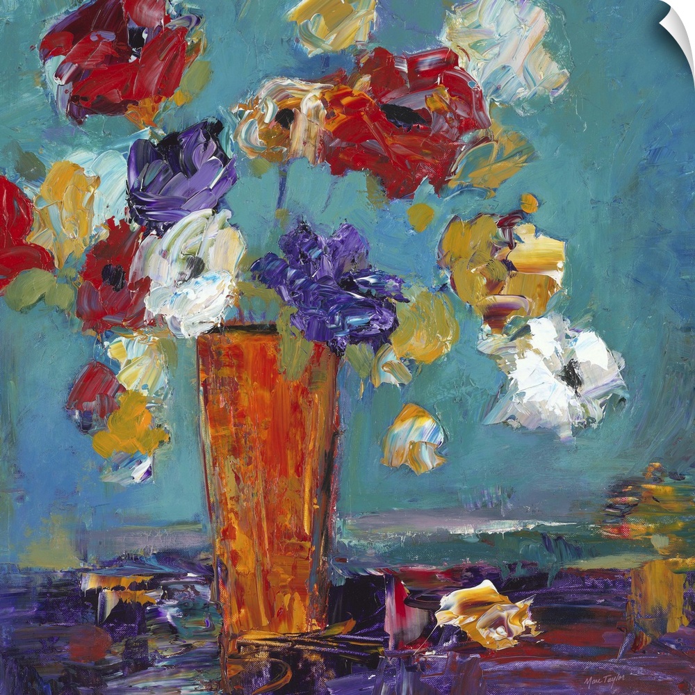 Contemporary still life painting of an orange vase filled with colorful flowers.