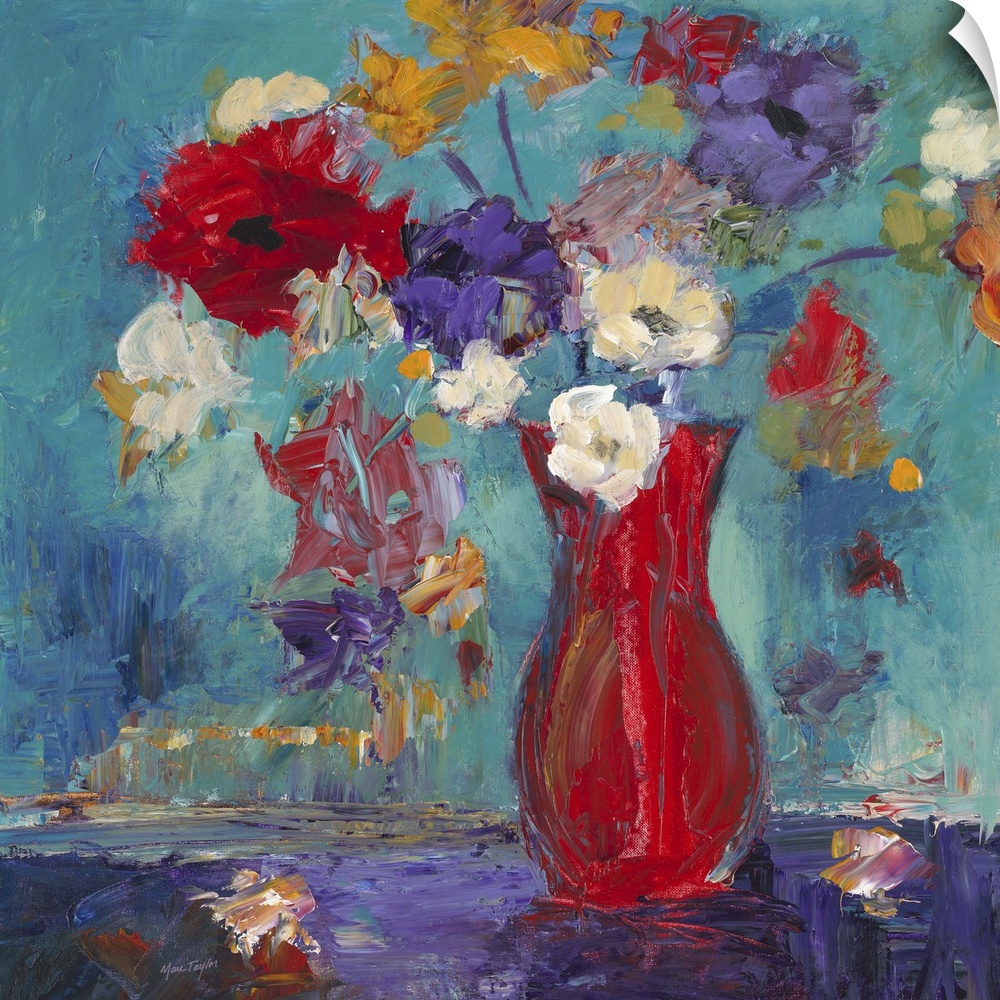 Contemporary still life painting of a red vase filled with colorful flowers.